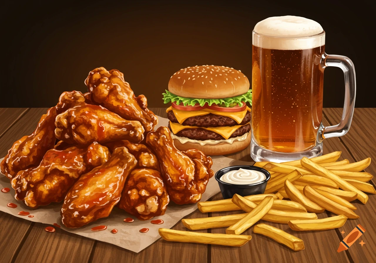 Illustrated scene of chicken wings, a double burger, fries, and a mug of beer on a wooden table.