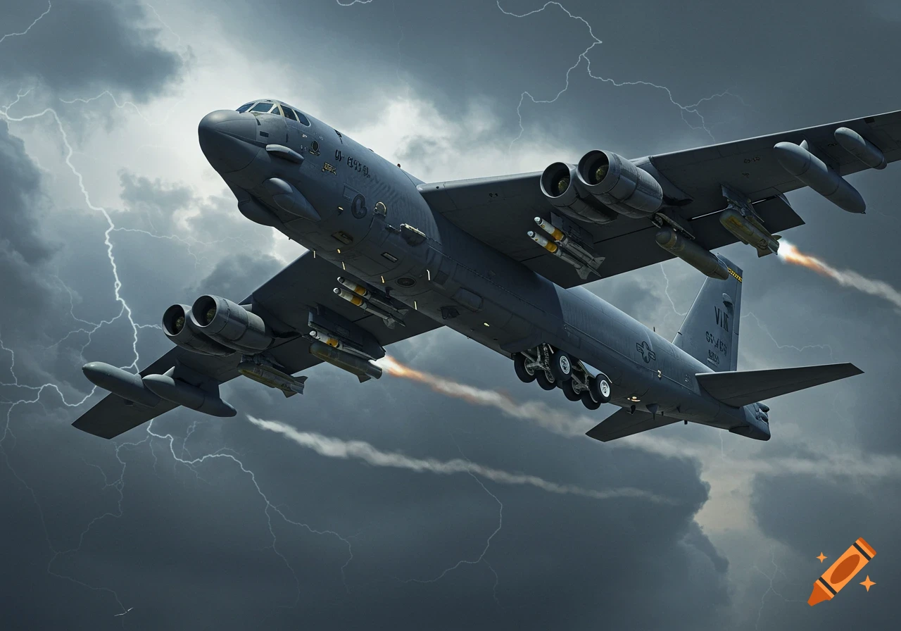 A large military bomber aircraft flies through a stormy sky with lightning.