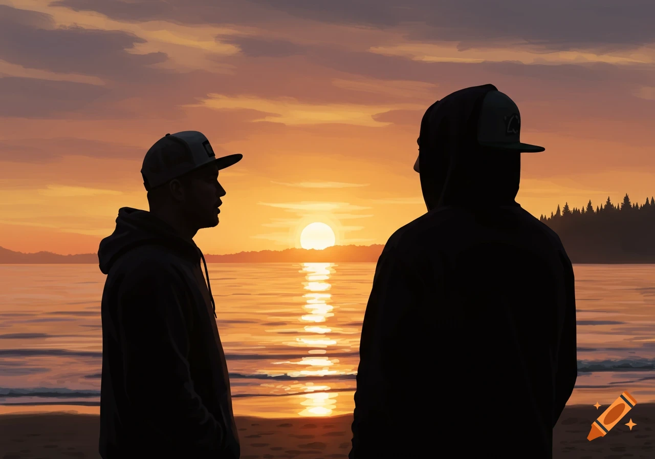 Silhouettes of two people standing on a beach watching the sunset over the ocean.