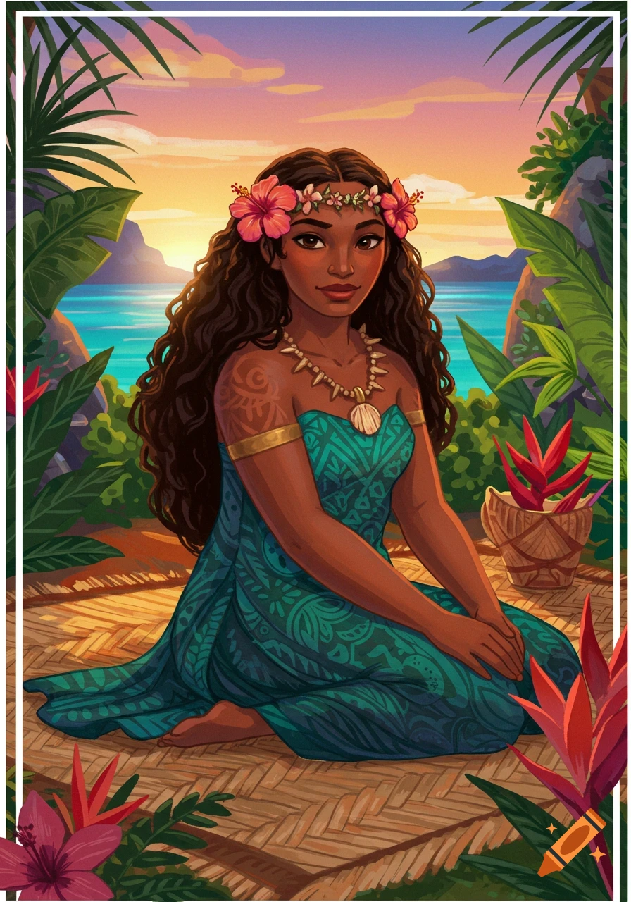 Illustration of a Polynesian woman with a flower crown and traditional dress sitting on a mat at sunset on a tropical island.