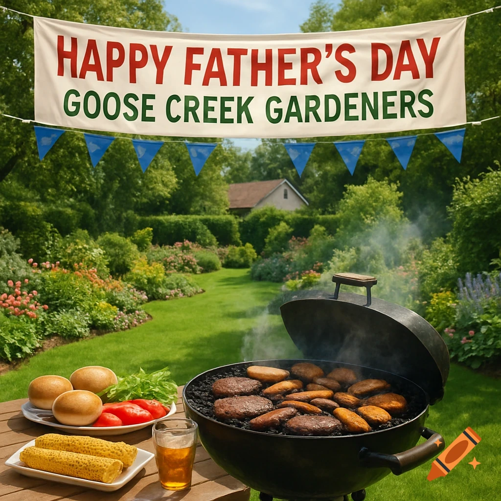 Photorealistic backyard BBQ in a garden with a banner saying 'Happy Father's Day Goose Creek Gardeners'.
