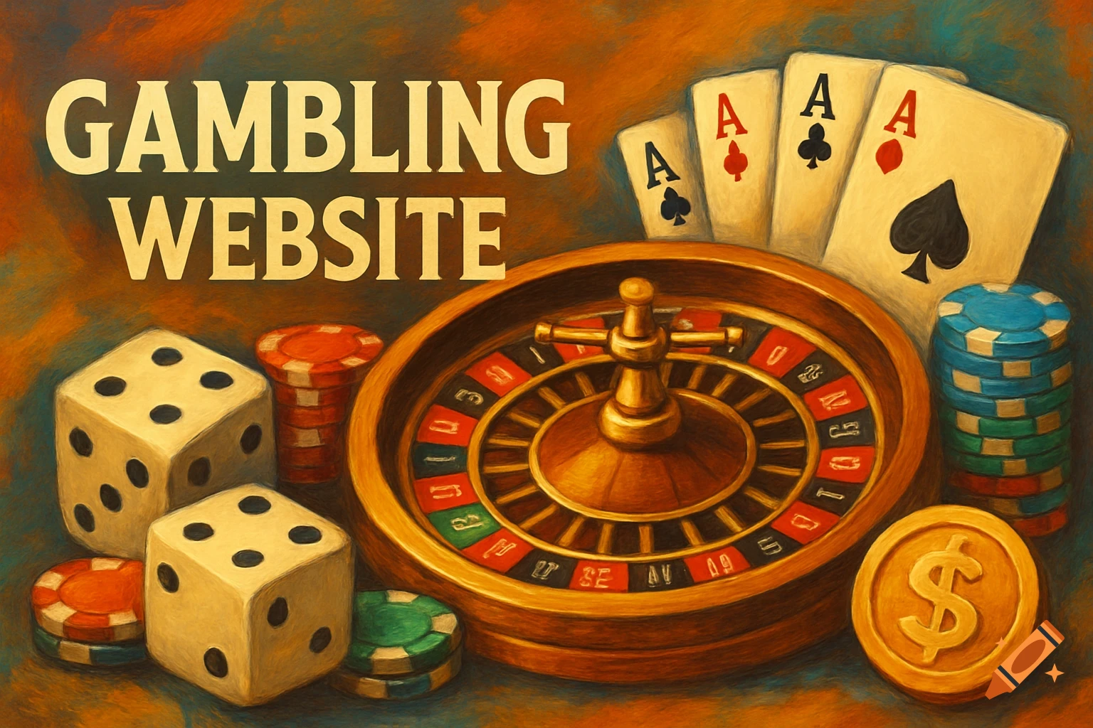 A stylized painting of casino items including a roulette wheel, dice, chips, cards, and a dollar coin, with the text 'GAMBLING WEBSITE'.