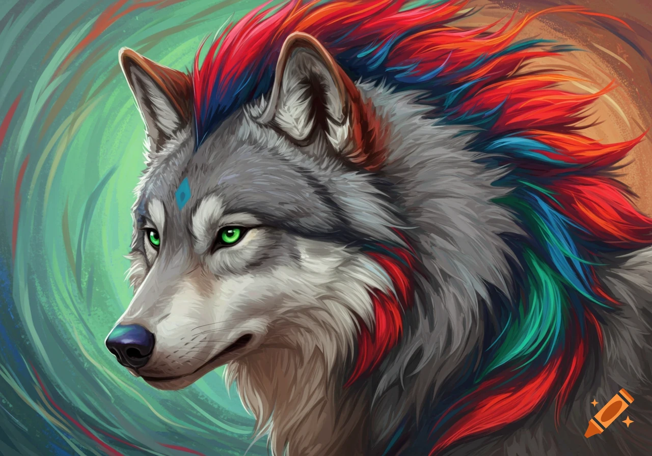 Illustration of a grey wolf with vibrant red, blue, green, and orange hair