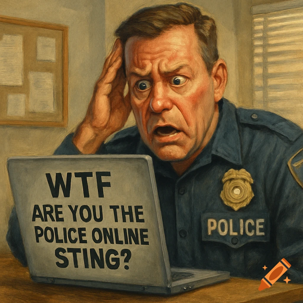 A surprised police officer looks at a laptop screen displaying 'WTF ARE YOU THE POLICE ONLINE STING?'