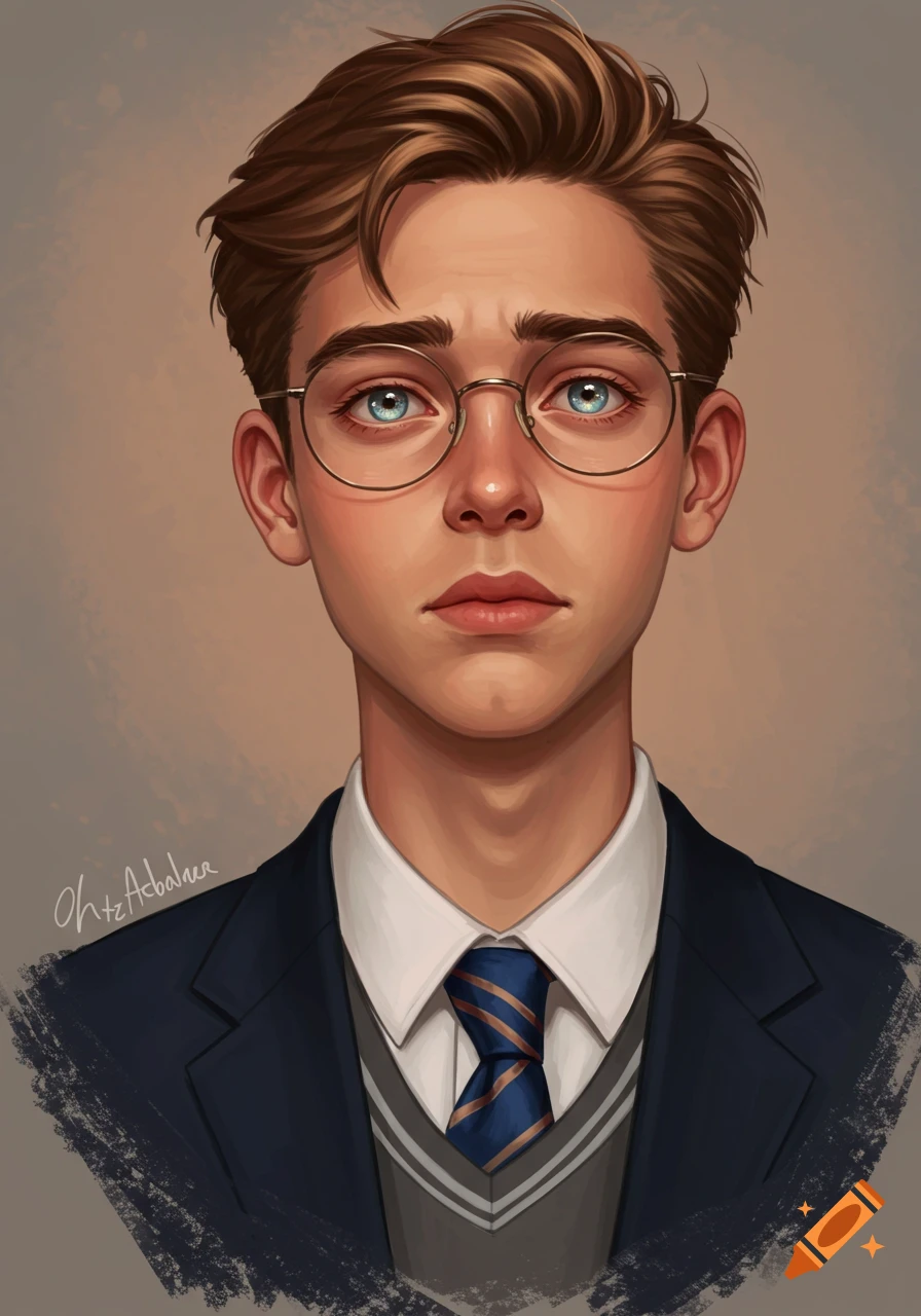 Digital portrait painting of a young man wearing glasses, a suit, sweater vest, and tie.