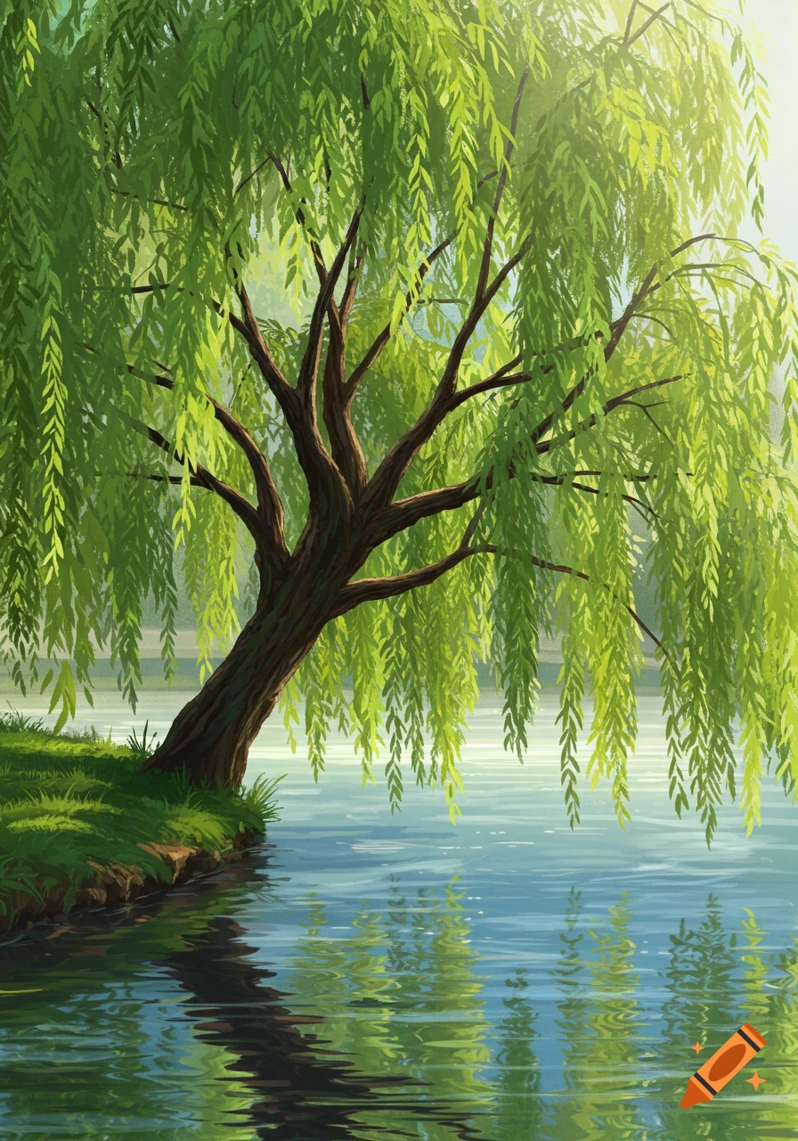 A painterly image of a weeping willow tree on the bank of a river.