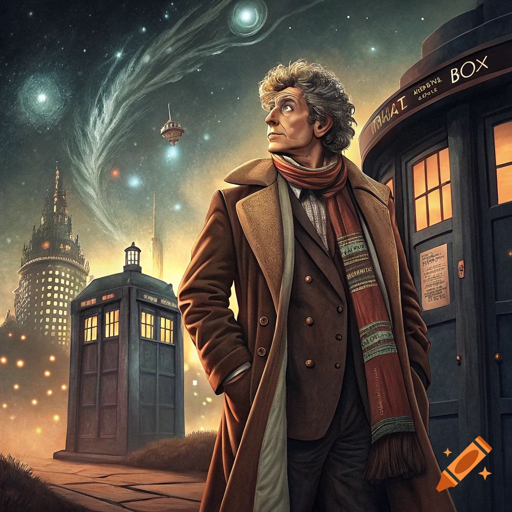 A man in a brown coat and scarf stands beside a blue police box in a sci-fi city under a starry, cosmic sky.