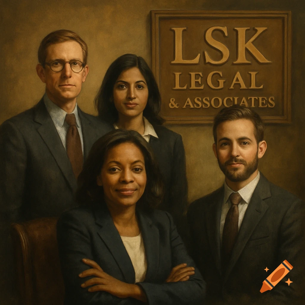 Group portrait of four people in business suits next to a sign that says "LSK LEGAL & ASSOCIATES", in a painted style.