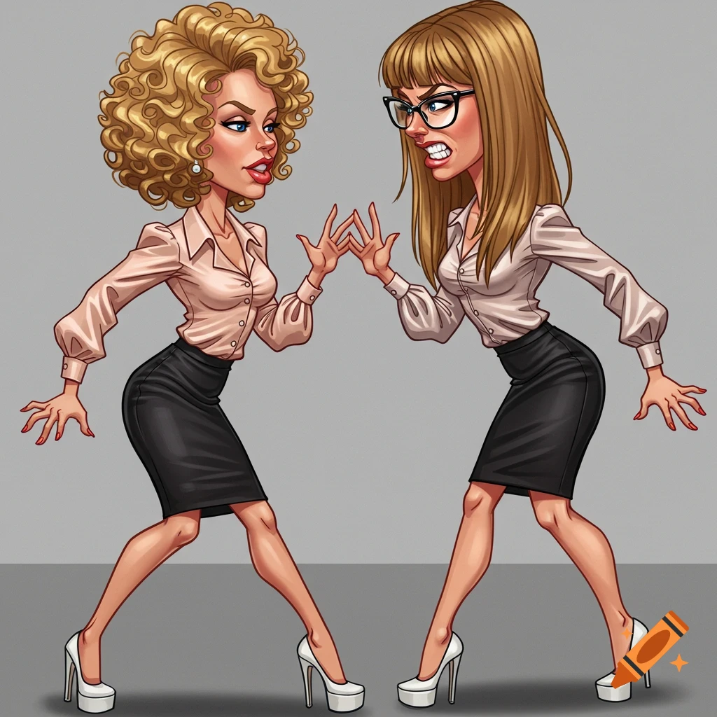 Cartoon caricature of two office women arguing.
