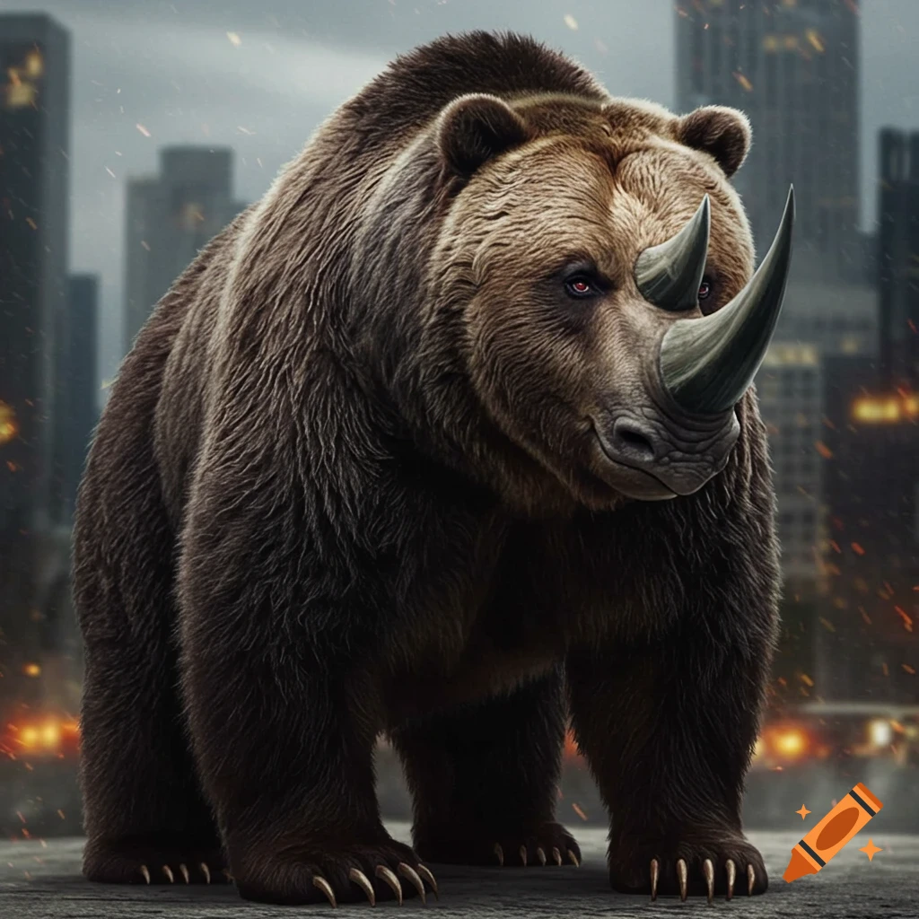 Fantasy bear-rhino hybrid creature standing in a rainy city.
