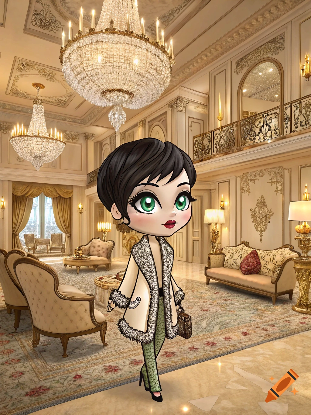A bratz-style doll in a coat stands in a luxurious mansion.