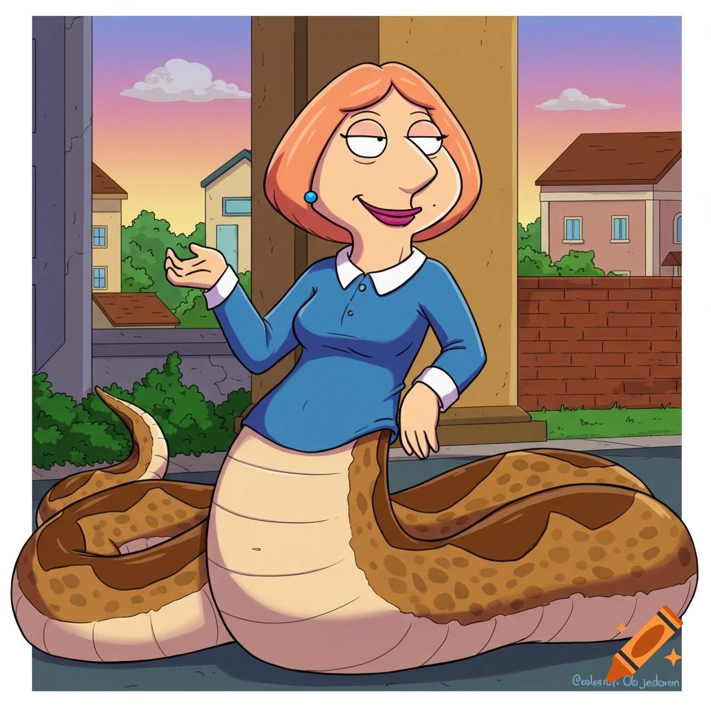 Cartoon image of a snake woman wearing Lois Griffin's clothes in a neighborhood scene.