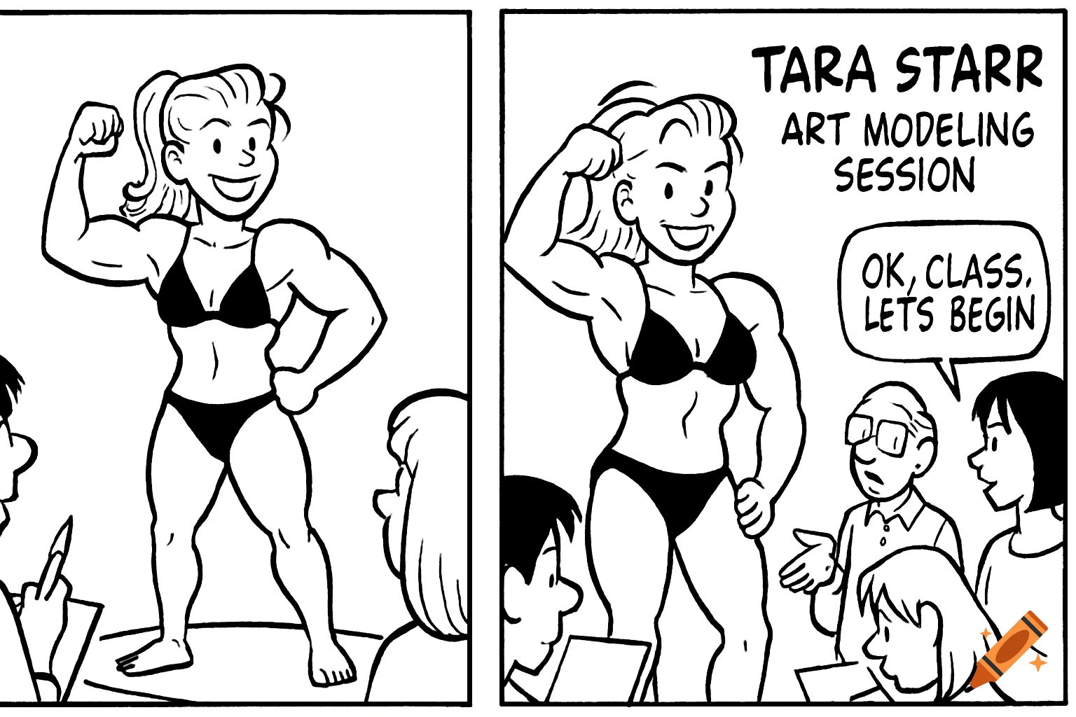 A muscular woman in a bikini poses for an art modeling session in a black and white comic strip.