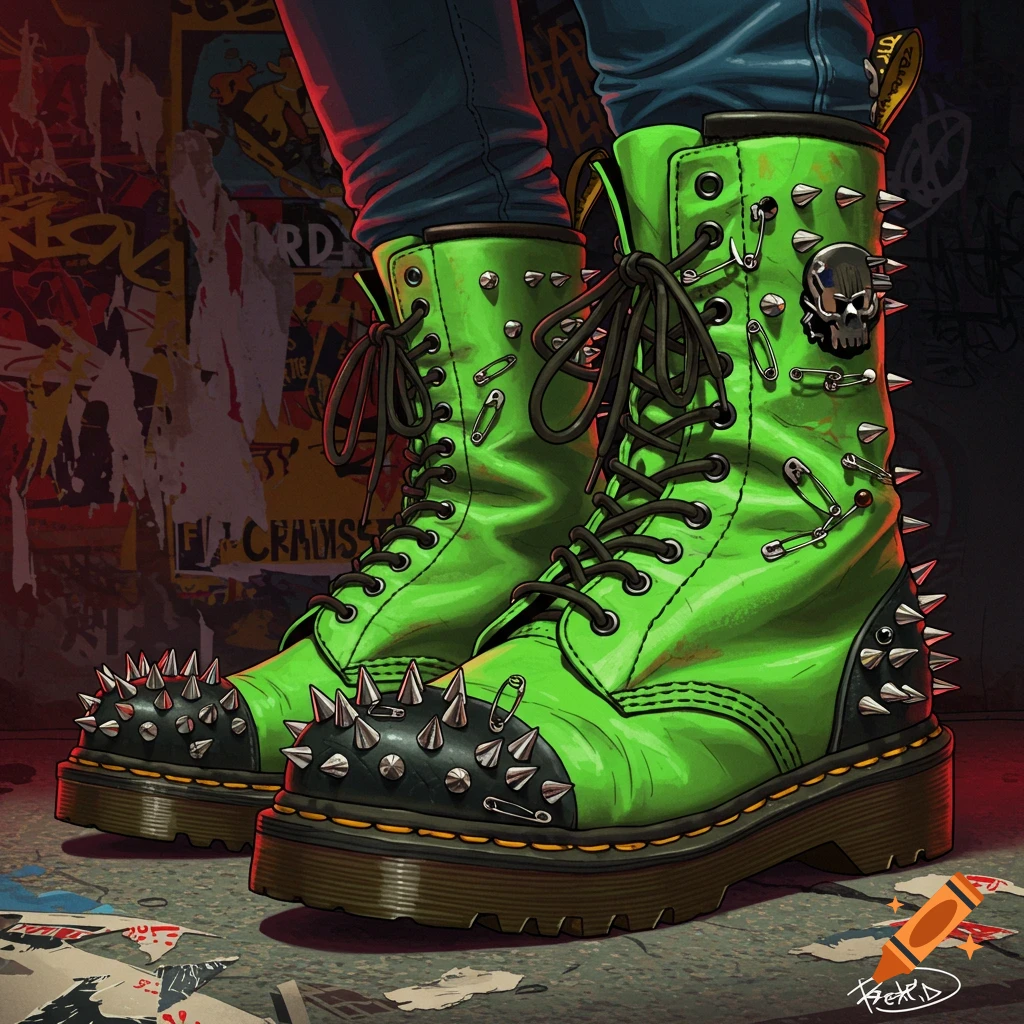 Close-up illustration of bright green punk boots covered in spikes and safety pins, on a street background.