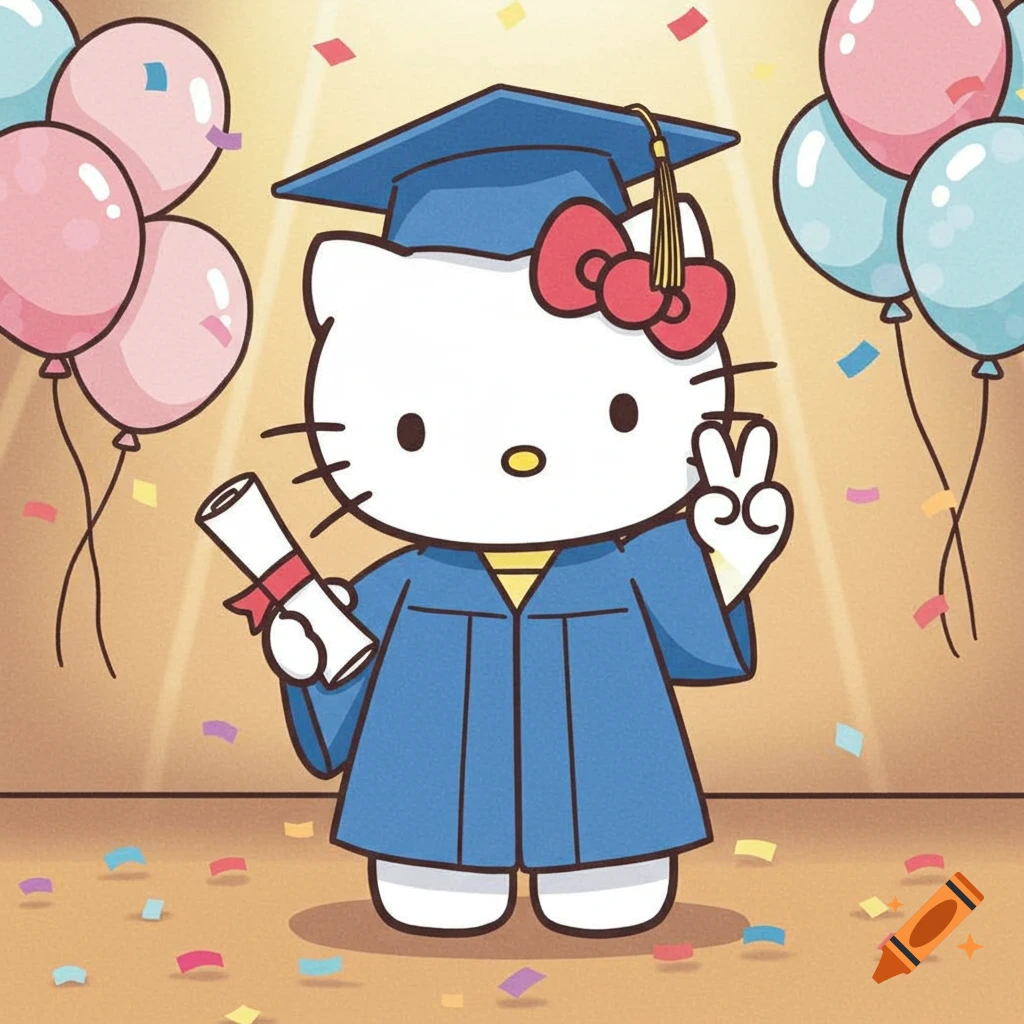 Hello Kitty in a blue graduation cap and gown holds a diploma and makes a peace sign surrounded by balloons and confetti.