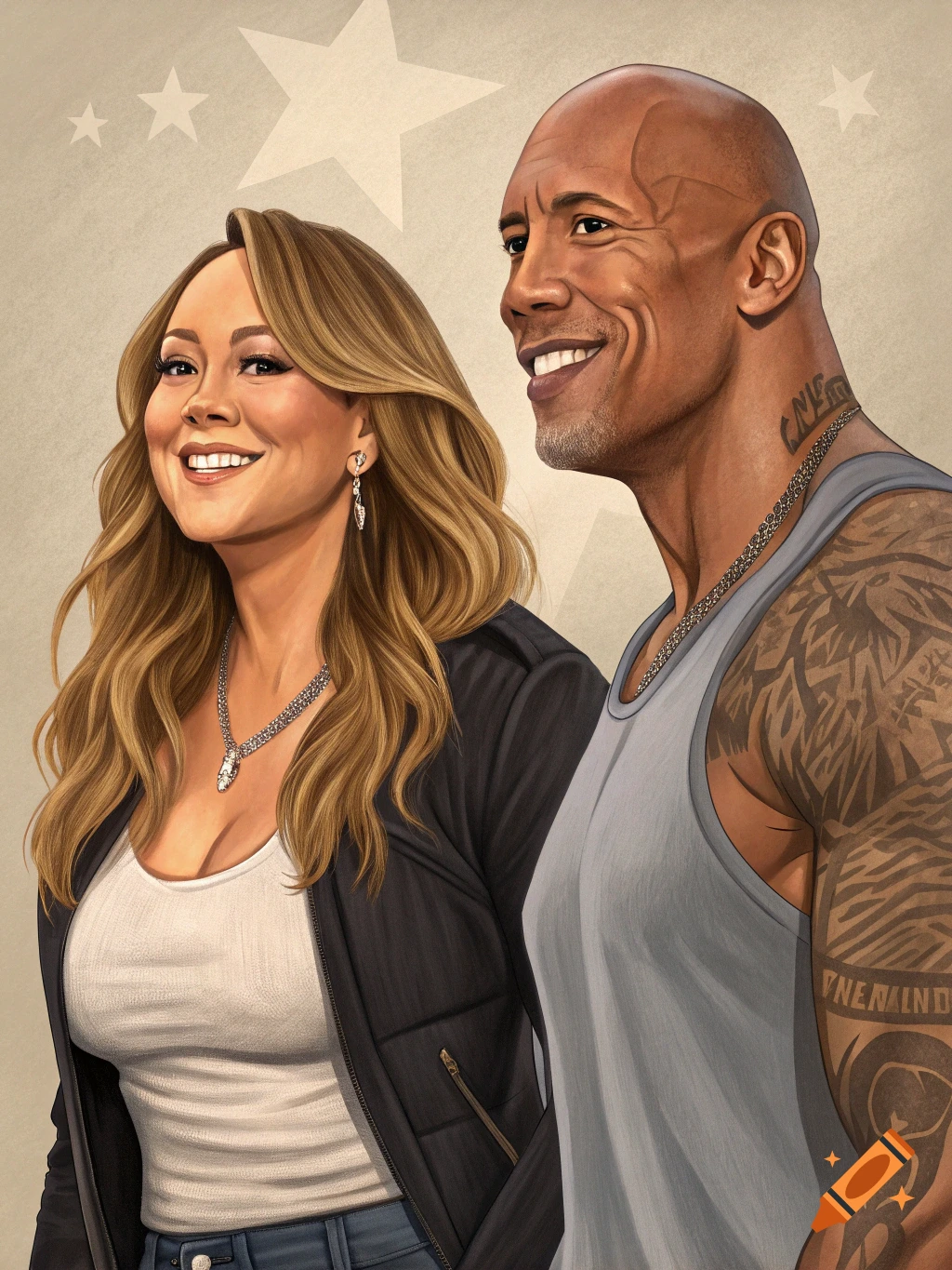 Illustration of Mariah Carey and Dwayne Johnson smiling.