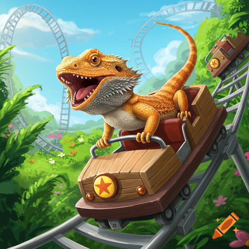 Illustrative image of a bearded dragon riding a roller coaster