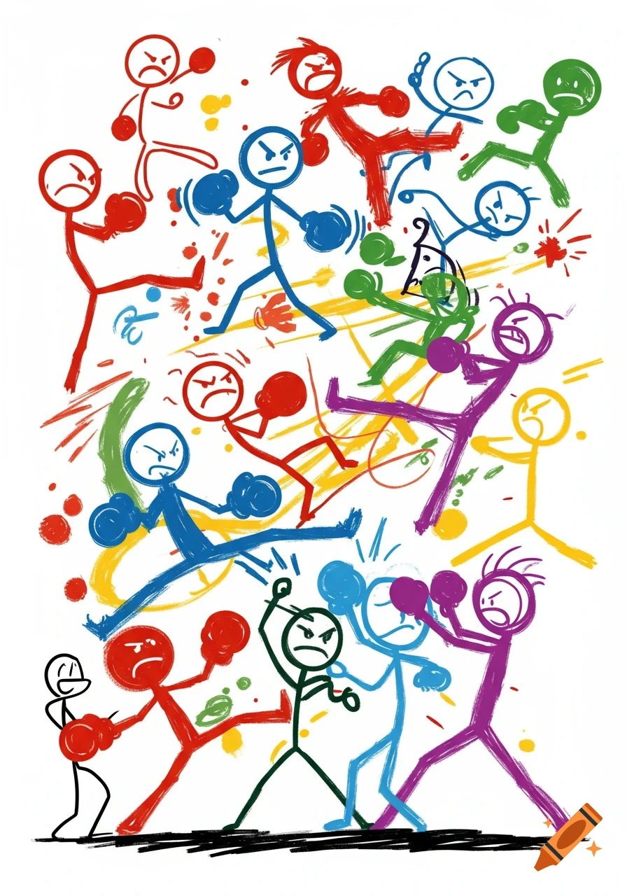Colorful illustration of stick figures fighting