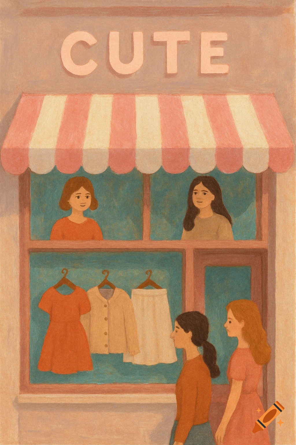 Illustration of people looking at clothes in a store window with a pink and white awning and 'CUTE' written above.