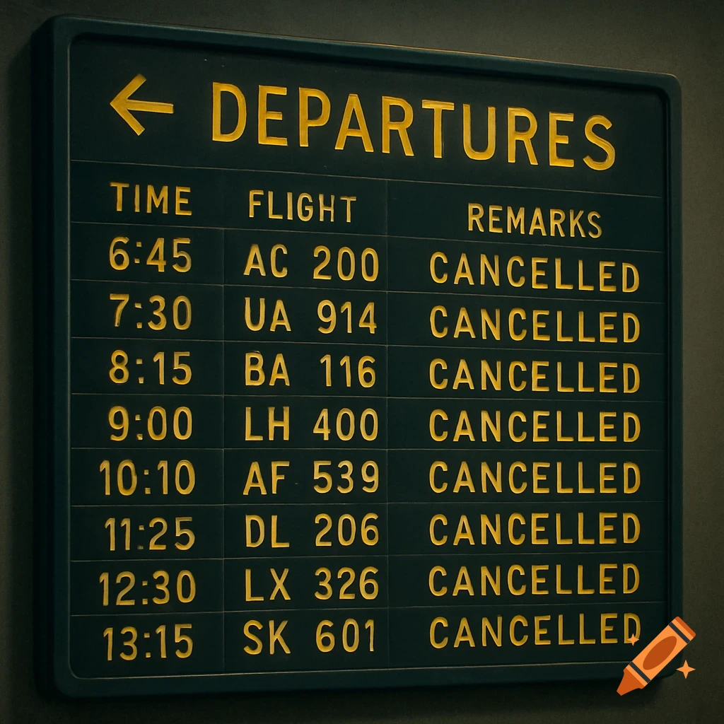 A departure board at an airport shows all flights listed as CANCELLED.