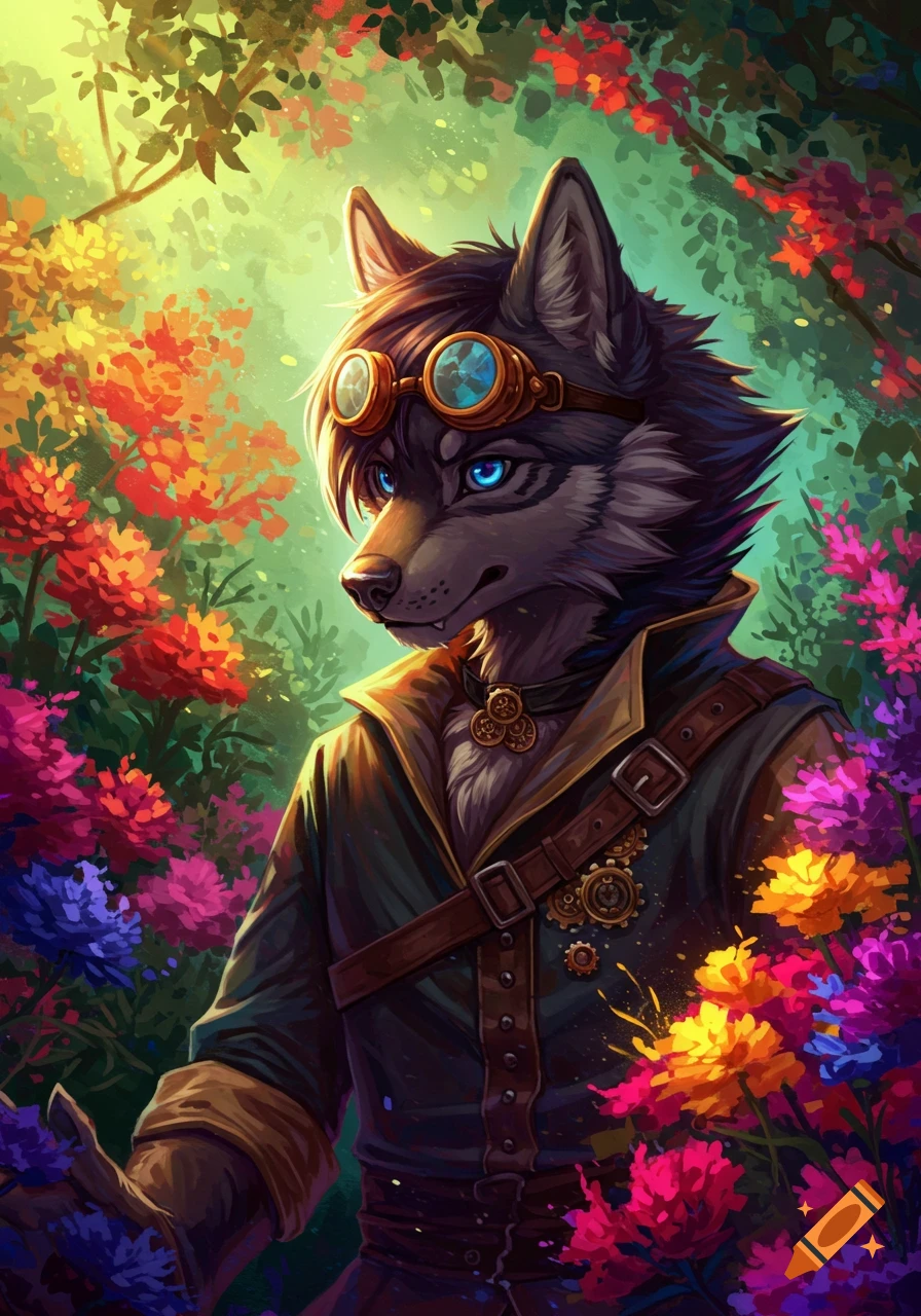 An anthropomorphic wolf wearing steampunk goggles in a vibrant fantasy forest.