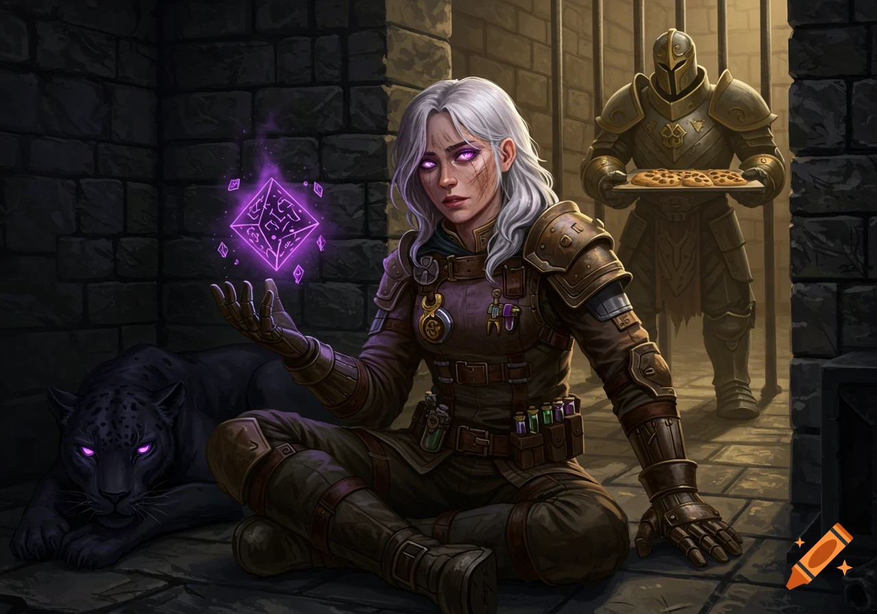 Fantasy art of a woman with a glowing artifact in a dungeon, accompanied by a black panther and armored figure.