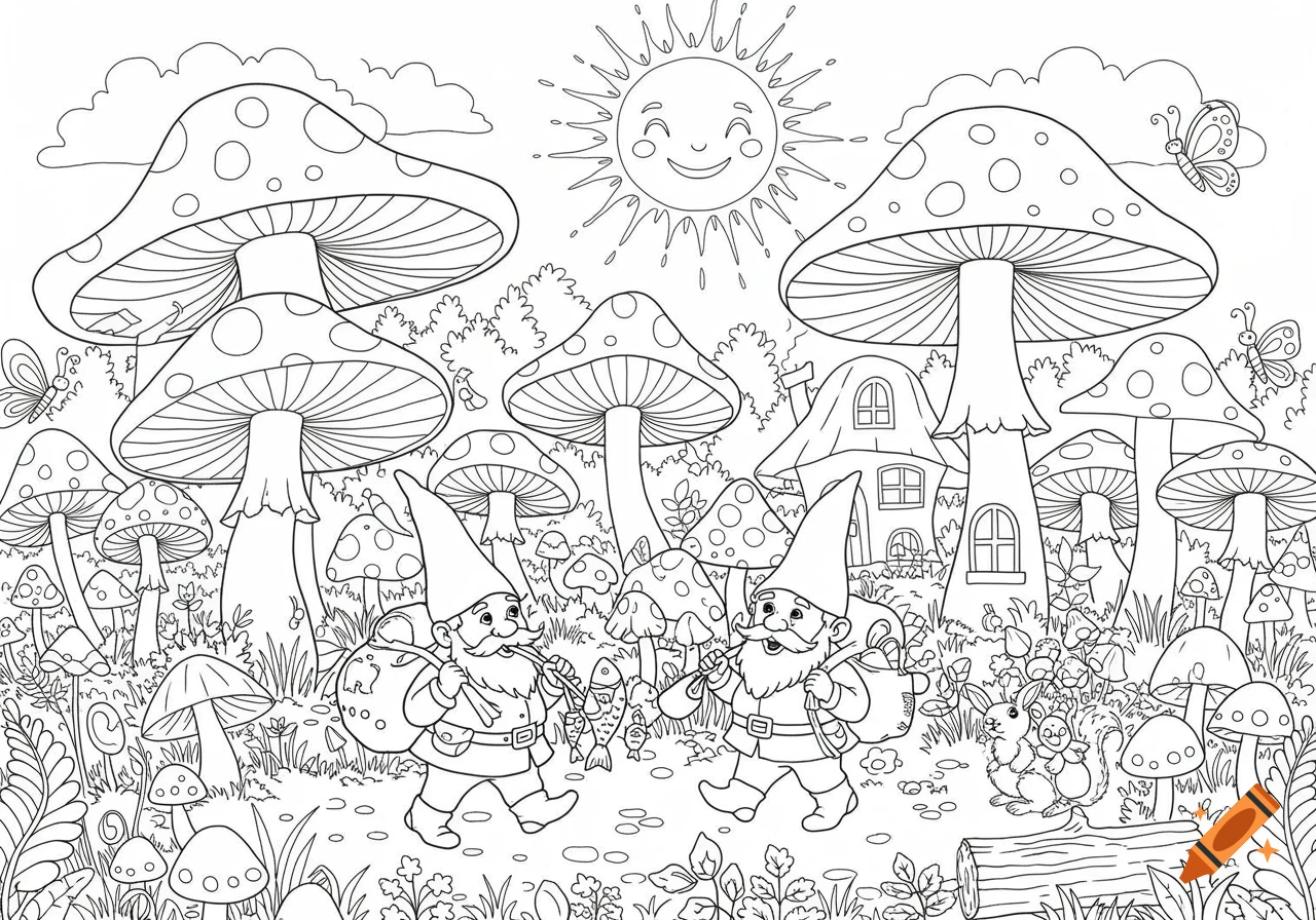 Black and white line art of two gnomes walking through a mushroom field with a smiling sun, mushroom houses, and animals.