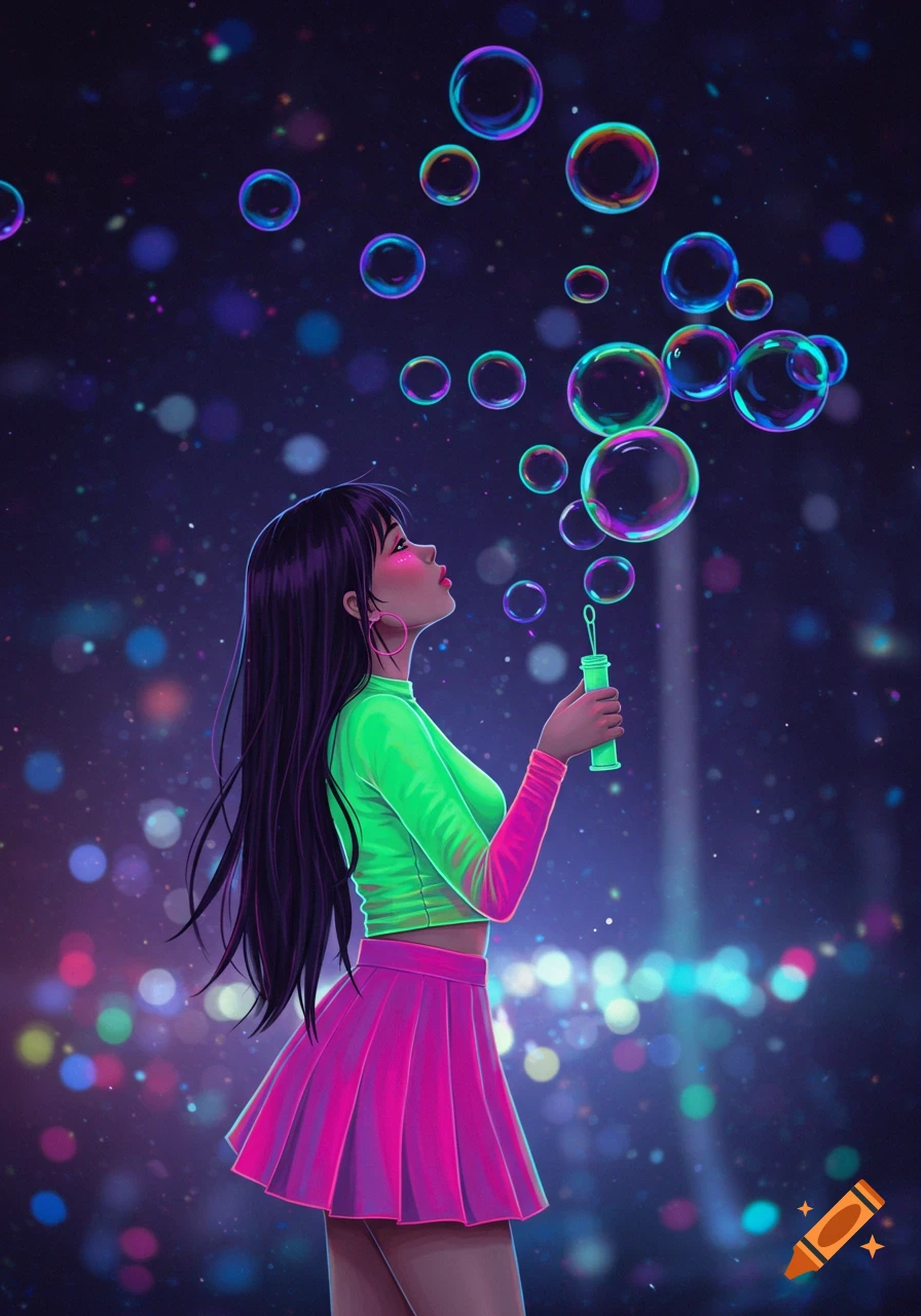 Anime girl blowing glowing bubbles against a dreamy, colorful background.