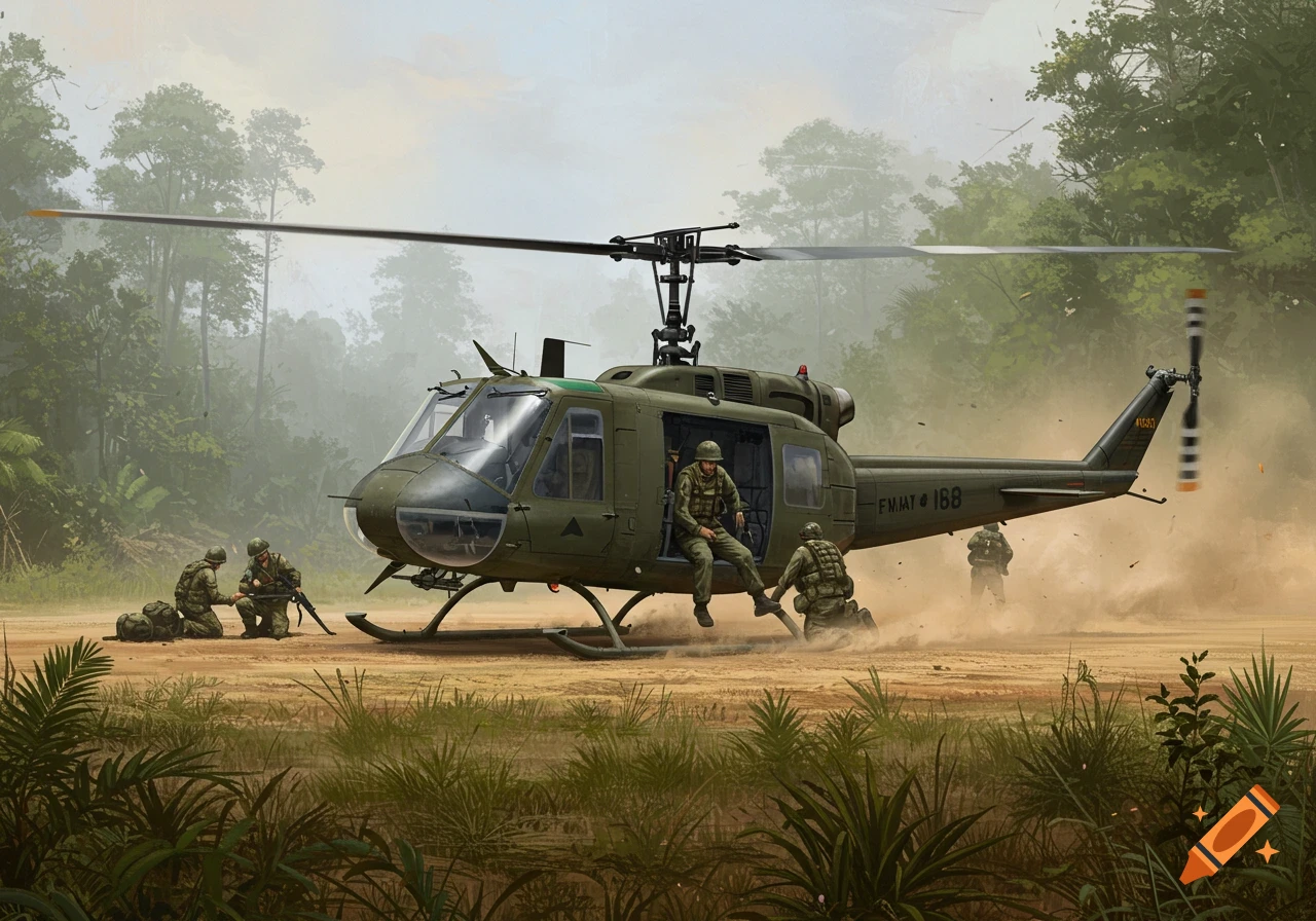 Military helicopter lands in a jungle clearing, soldiers disembarking. Realistic illustration.