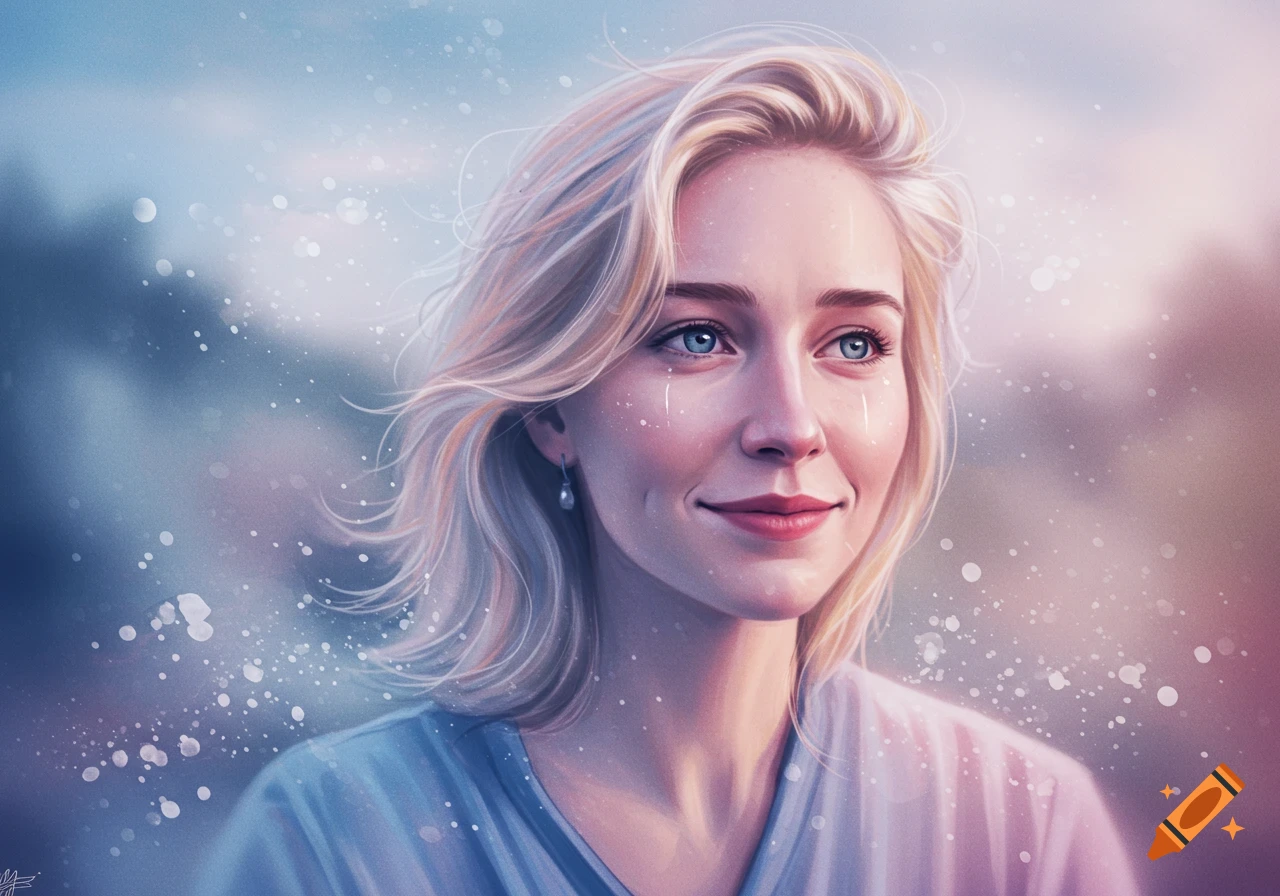 Digital painting portrait of a woman looking up with tears or sparkles and a slight smile.