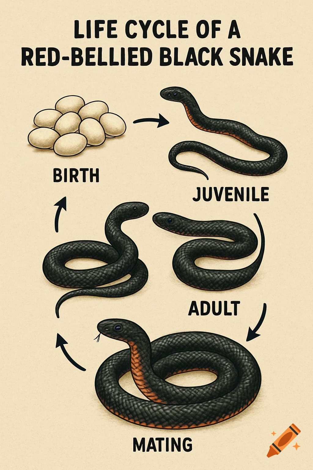 Illustration of the life cycle of a red-bellied black snake: eggs (birth), juvenile, adult, and mating, connected by arrows.