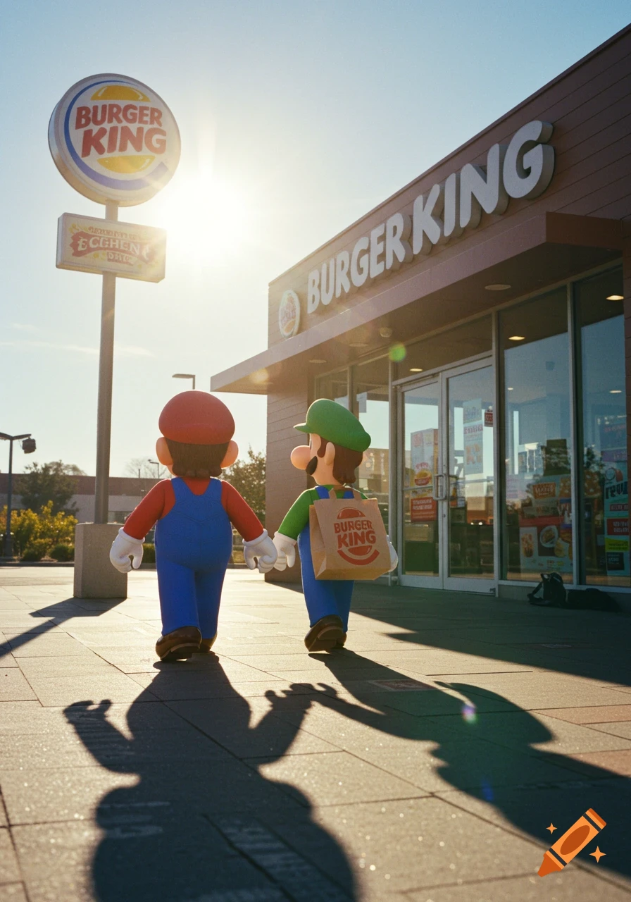 Mario and Luigi hold hands walking towards a Burger King restaurant at sunset with long shadows.