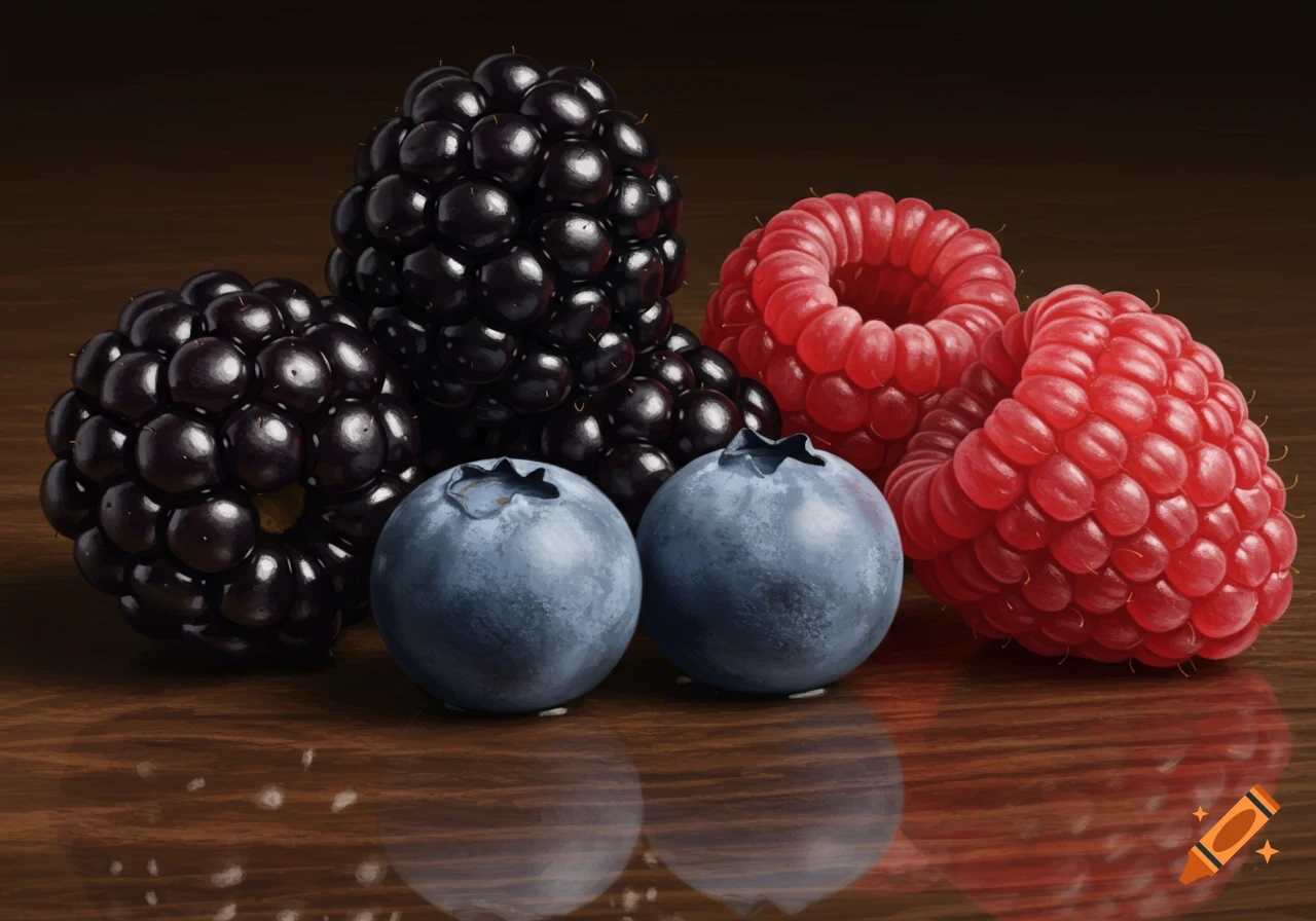 Close-up photorealistic image of blackberries, raspberries, and blueberries on a wooden surface.