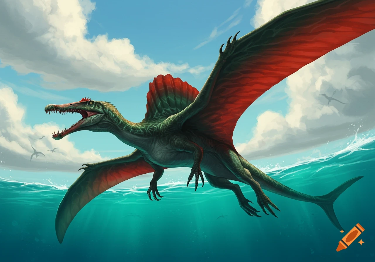 A winged Spinosaurus dinosaur flies above the ocean under a cloudy sky.