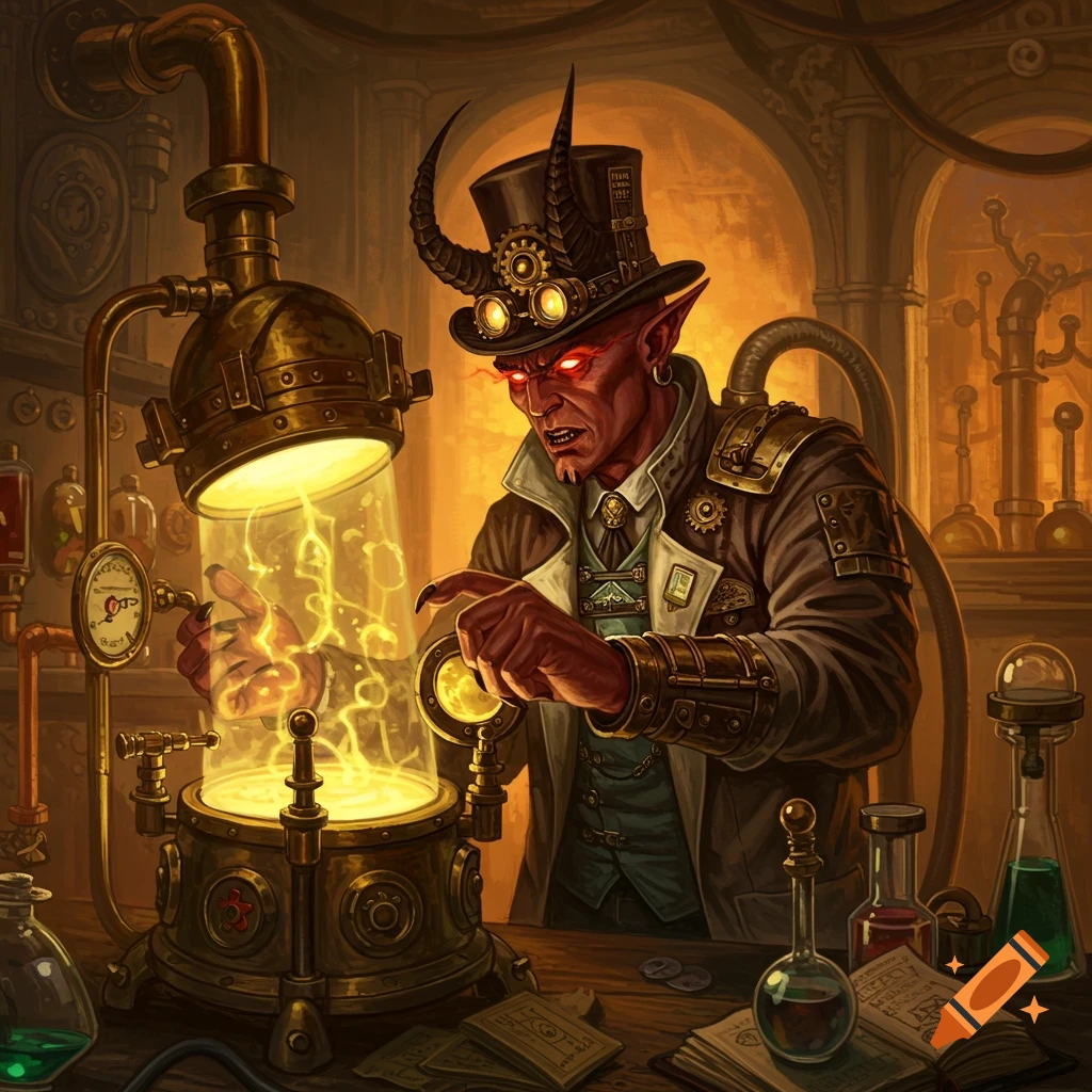 A steampunk demon scientist in a lab works with a glowing experimental apparatus.
