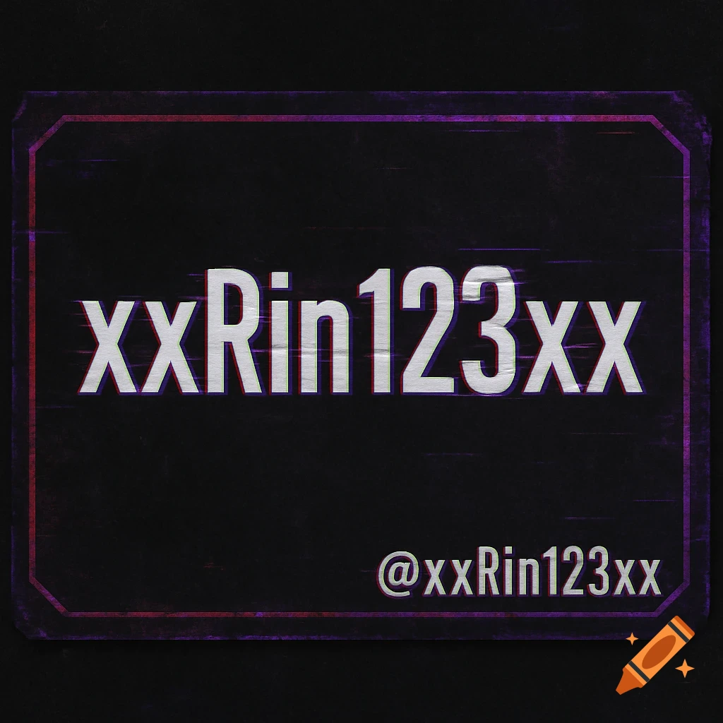 Black namecard with white text 'xxRin123xx' and '@xxRin123xx', with purple/red borders and glitch effect.