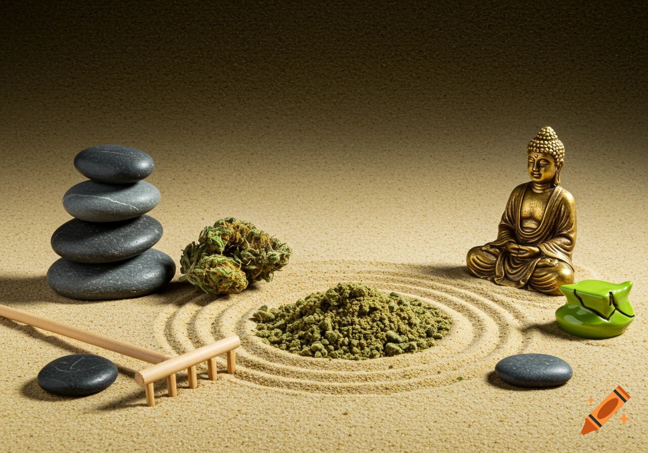 Still life of a zen garden with raked kief instead of sand, featuring stacked stones, a rake, a Buddha statue, and a marijuana bud.