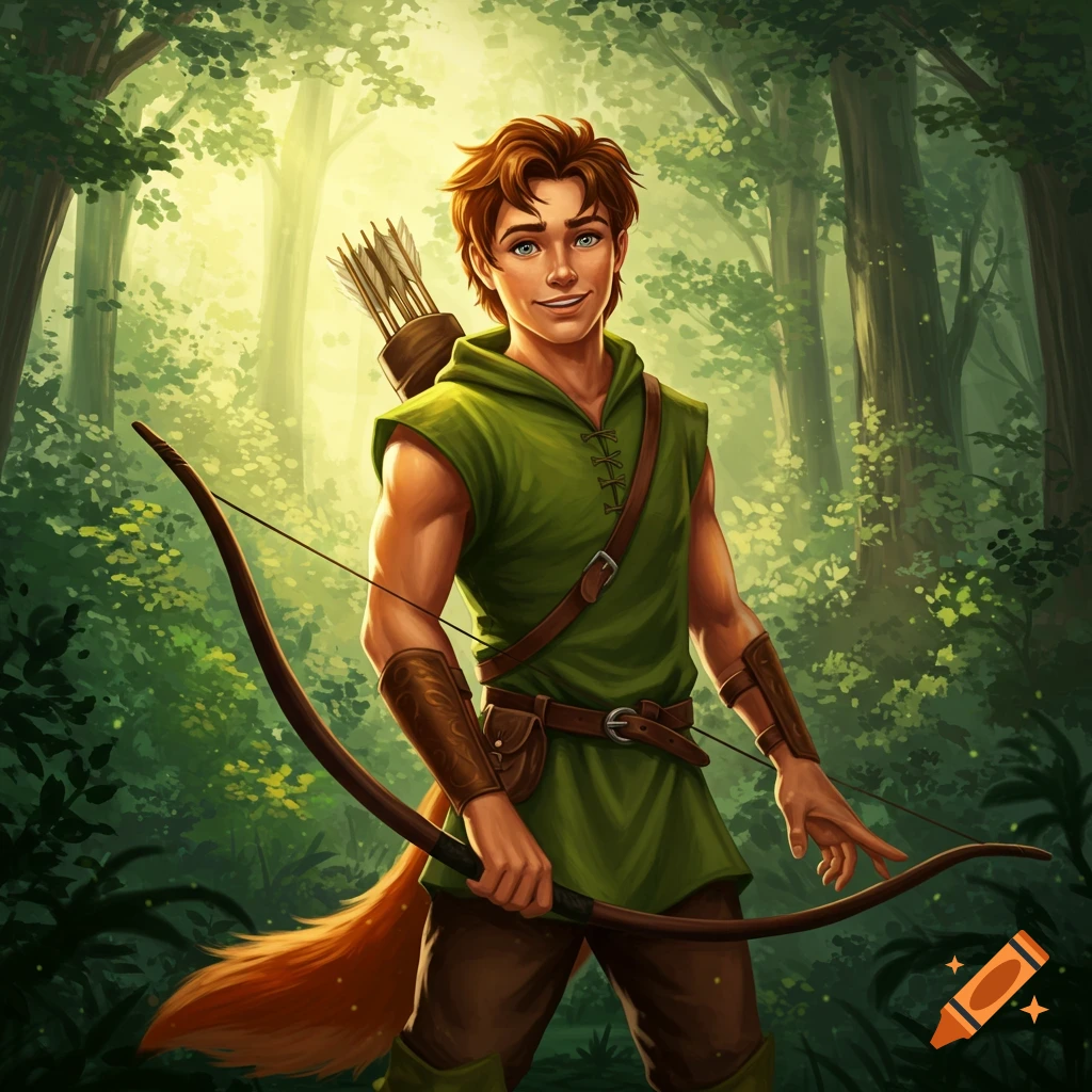 Young man with pointed ears and tail, in green tunic, with bow and quiver in forest.