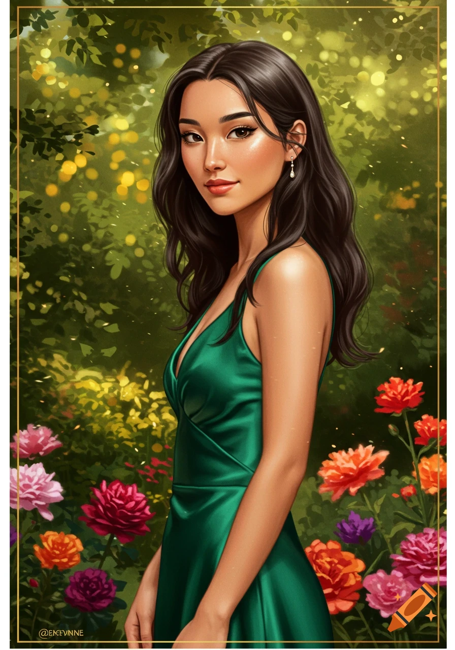 Illustrative portrait of a woman in a green dress standing in a lush ...