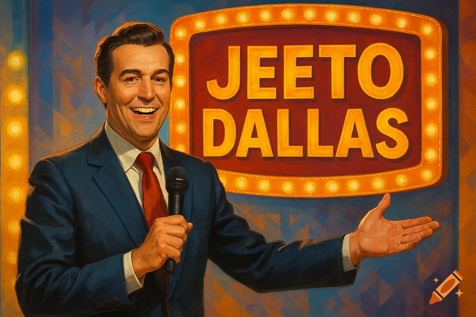 A man in a suit on a game show set, holding a microphone, with a sign reading 'JEETO DALLAS'