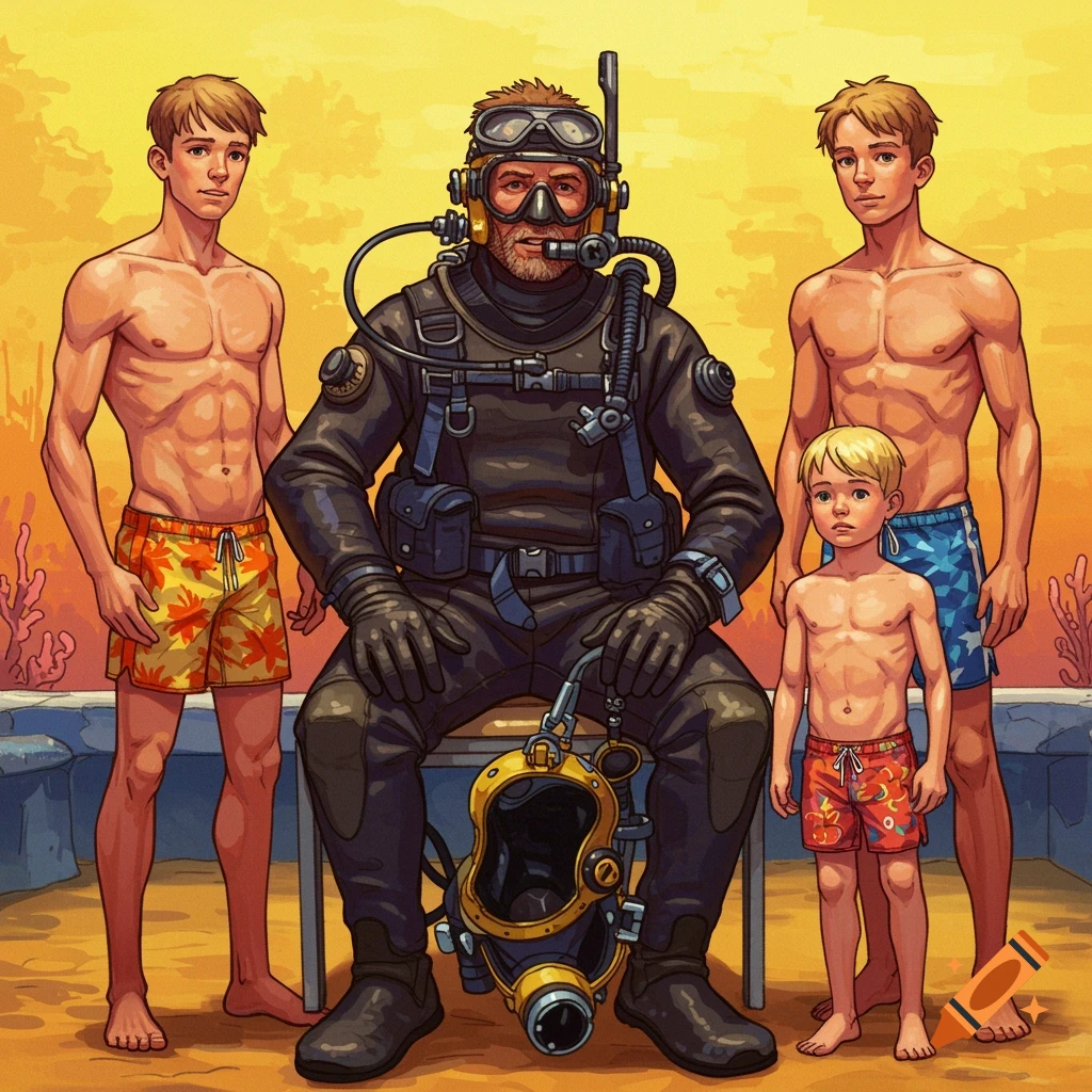 Illustration of a diver sitting with three boys in swim trunks.