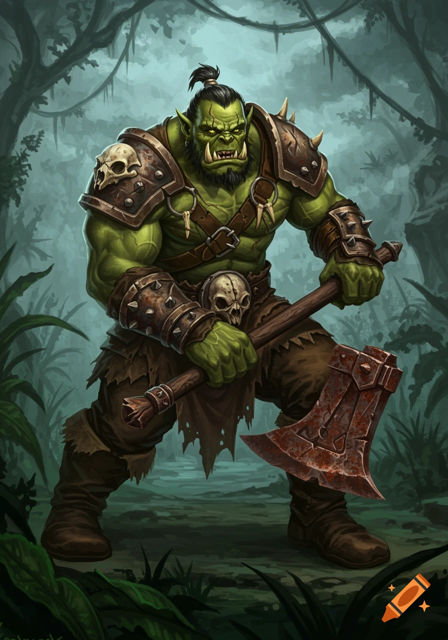 A green-skinned orc warrior holding a large axe stands in a jungle.