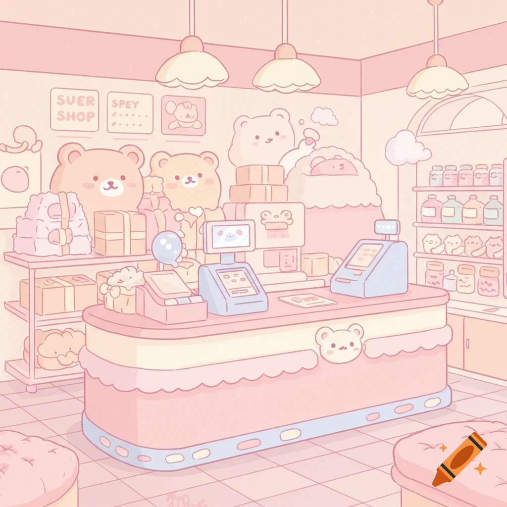 A cute pastel cartoon illustration of a shop with bears, shelves of items, and a checkout counter.
