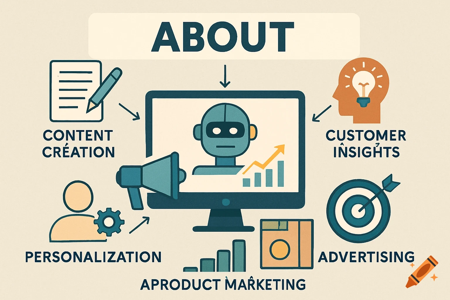 Illustration: About AI in product marketing concepts, with icons for content creation, customer insights, personalization, advertising, and marketing.