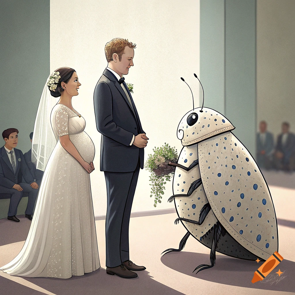 A pregnant bride and groom stand at a wedding altar with a giant spotted bug presenting them a bouquet.