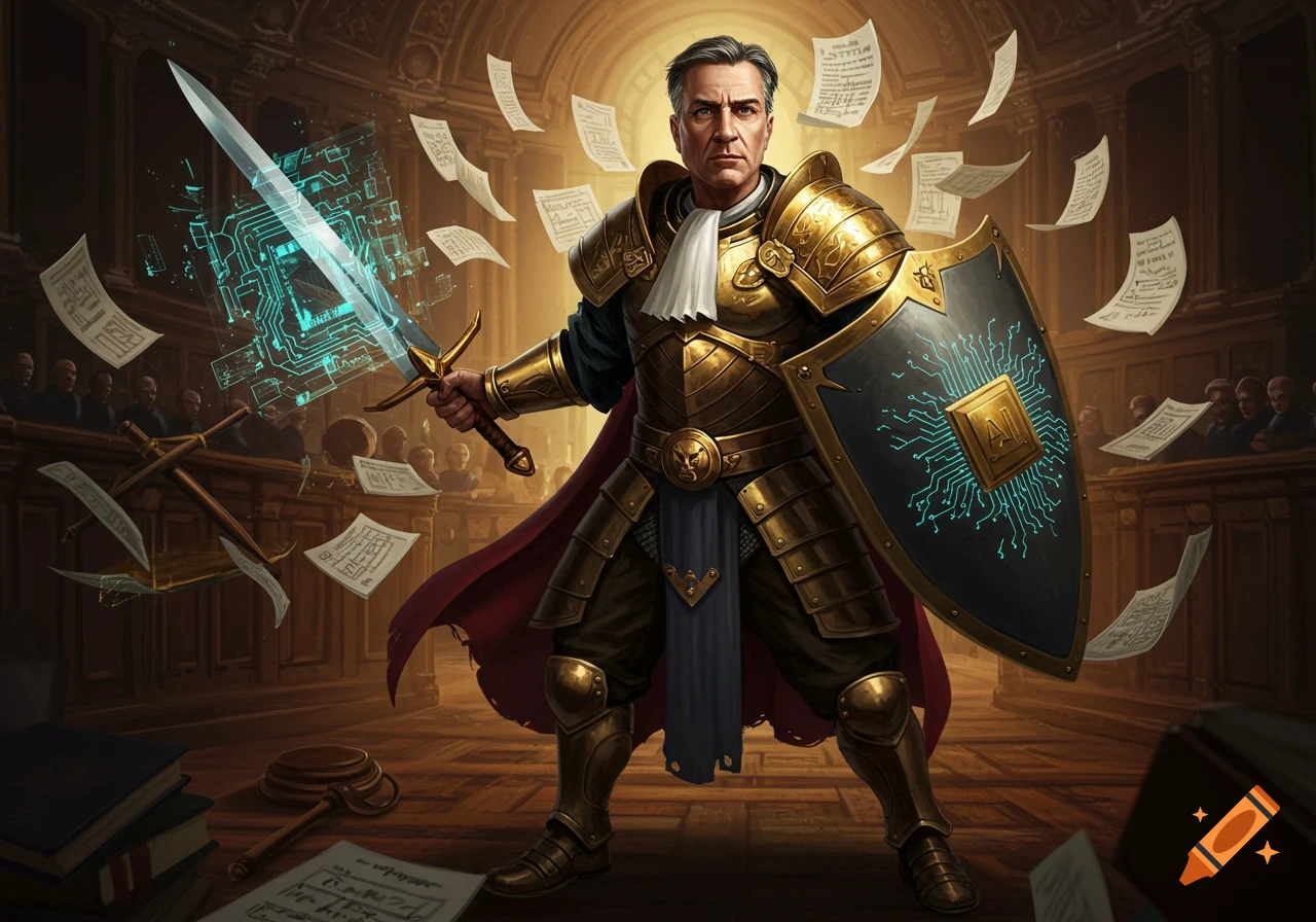 Warrior in golden armor holding a glowing circuit sword and AI shield in a courtroom