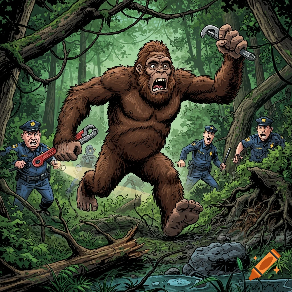Illustration of Bigfoot running from police in a forest, holding a wrench.