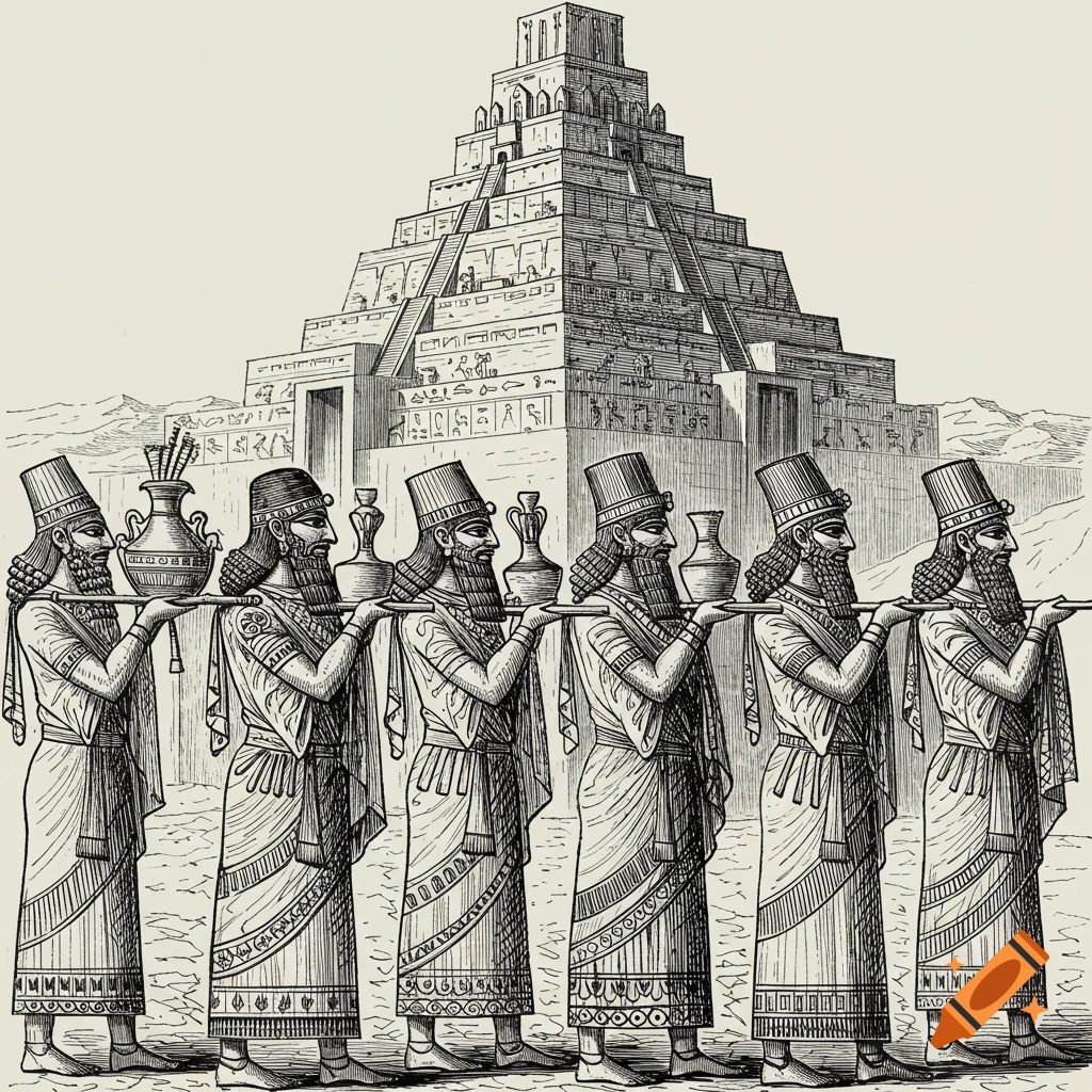 Black and white sketch of a line of men carrying items on poles in front of a large stepped building.