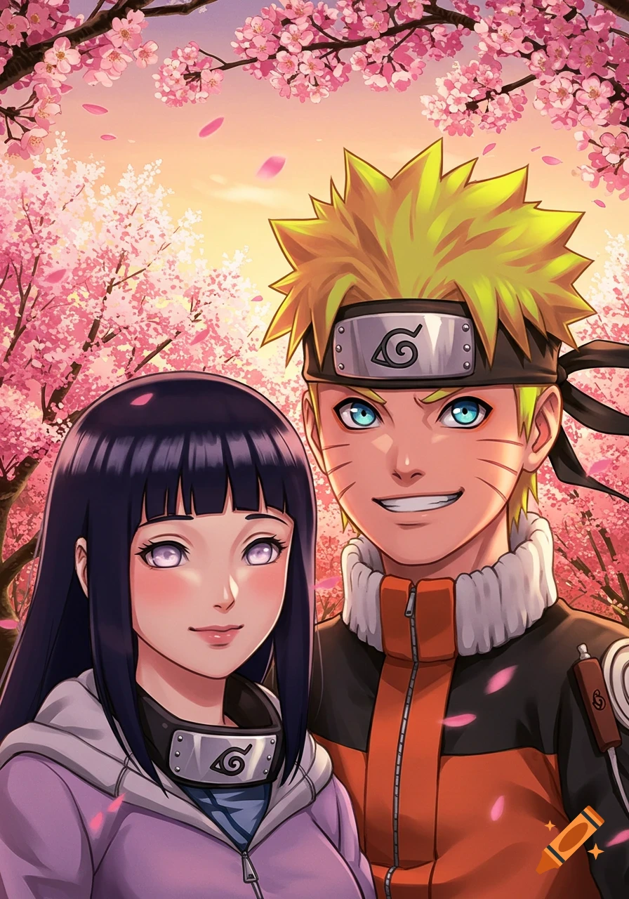 Naruto and Hinata smiling under cherry blossoms in an anime style.