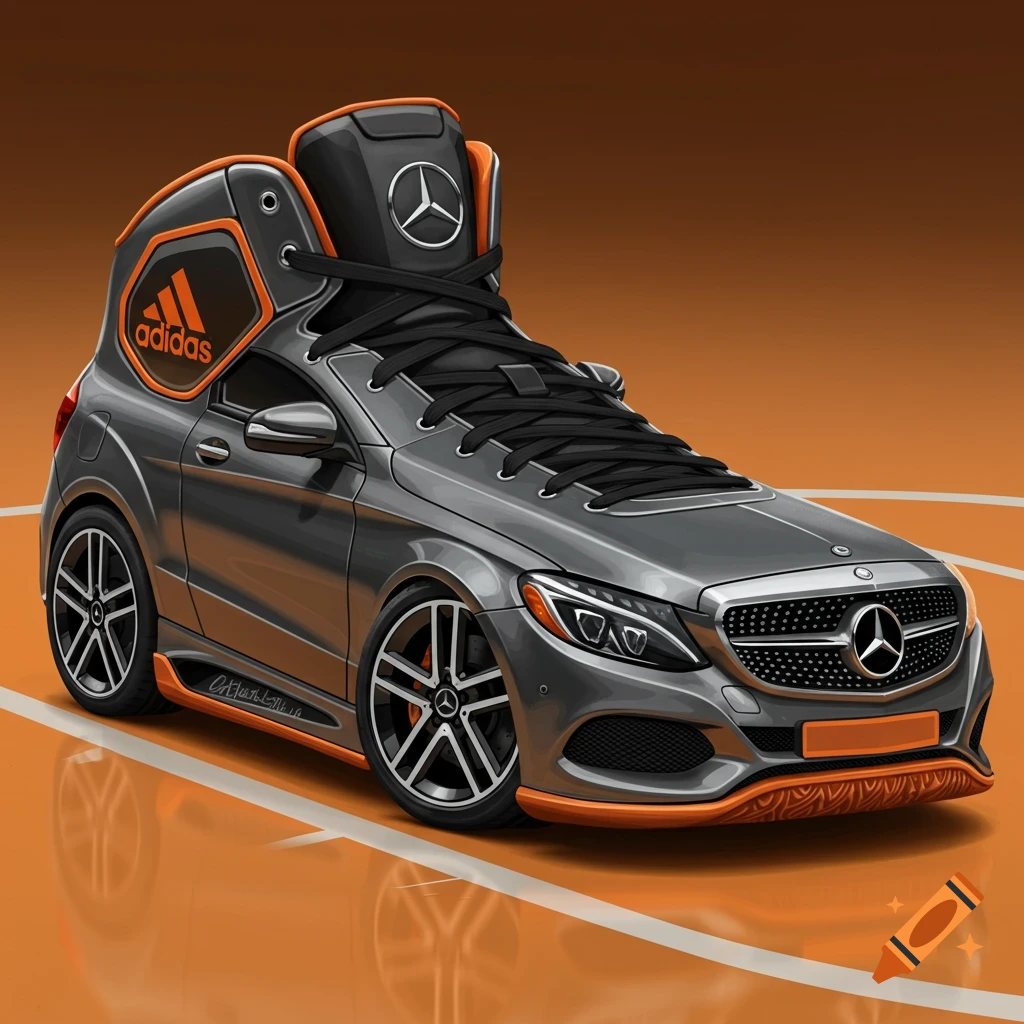Illustration of a gray Mercedes C-Class designed like an Adidas basketball shoe on a basketball court